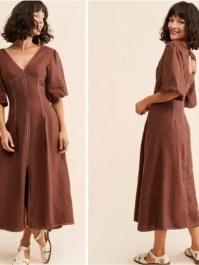 SANCIA Mari Linen Maxi Dress Brown Balloon Sleeve Contrast Stitching size xl